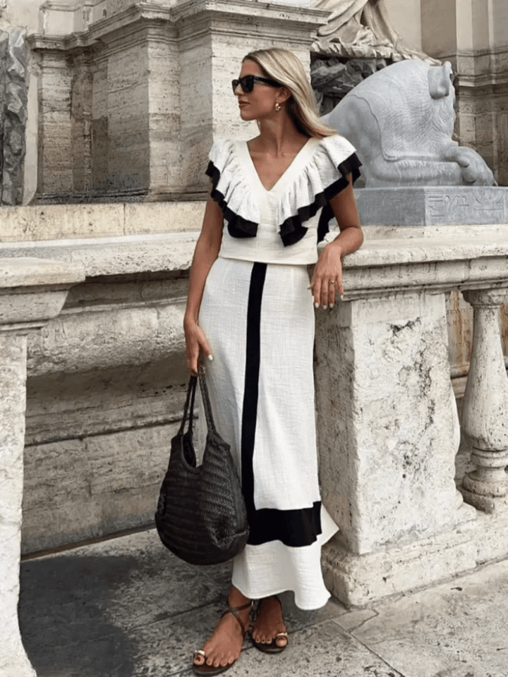 Isabella | Elegant midikjole med flæser og patchwork