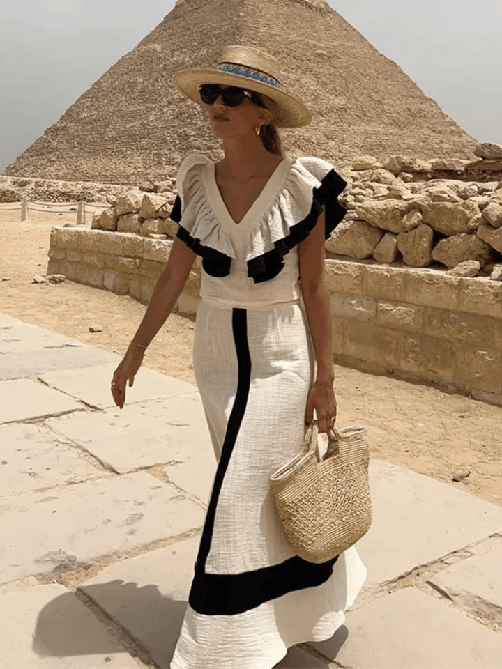 Isabella | Elegant midikjole med flæser og patchwork