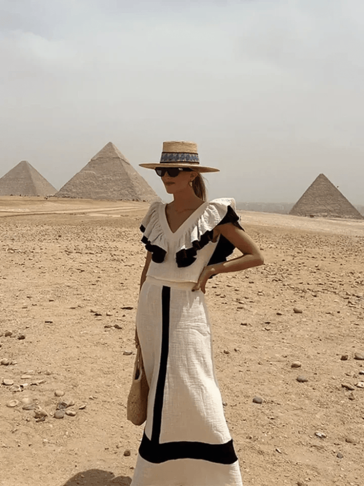 Isabella | Elegant midikjole med flæser og patchwork